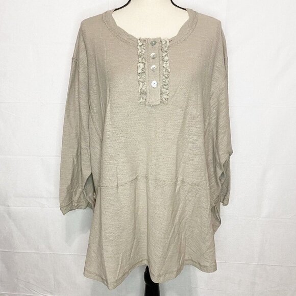 NWT Weekend Suzanne Betro 3/4 Sleeve Lace Trim Scoopneck Henley Size 1X Khaki - Picture 1 of 8